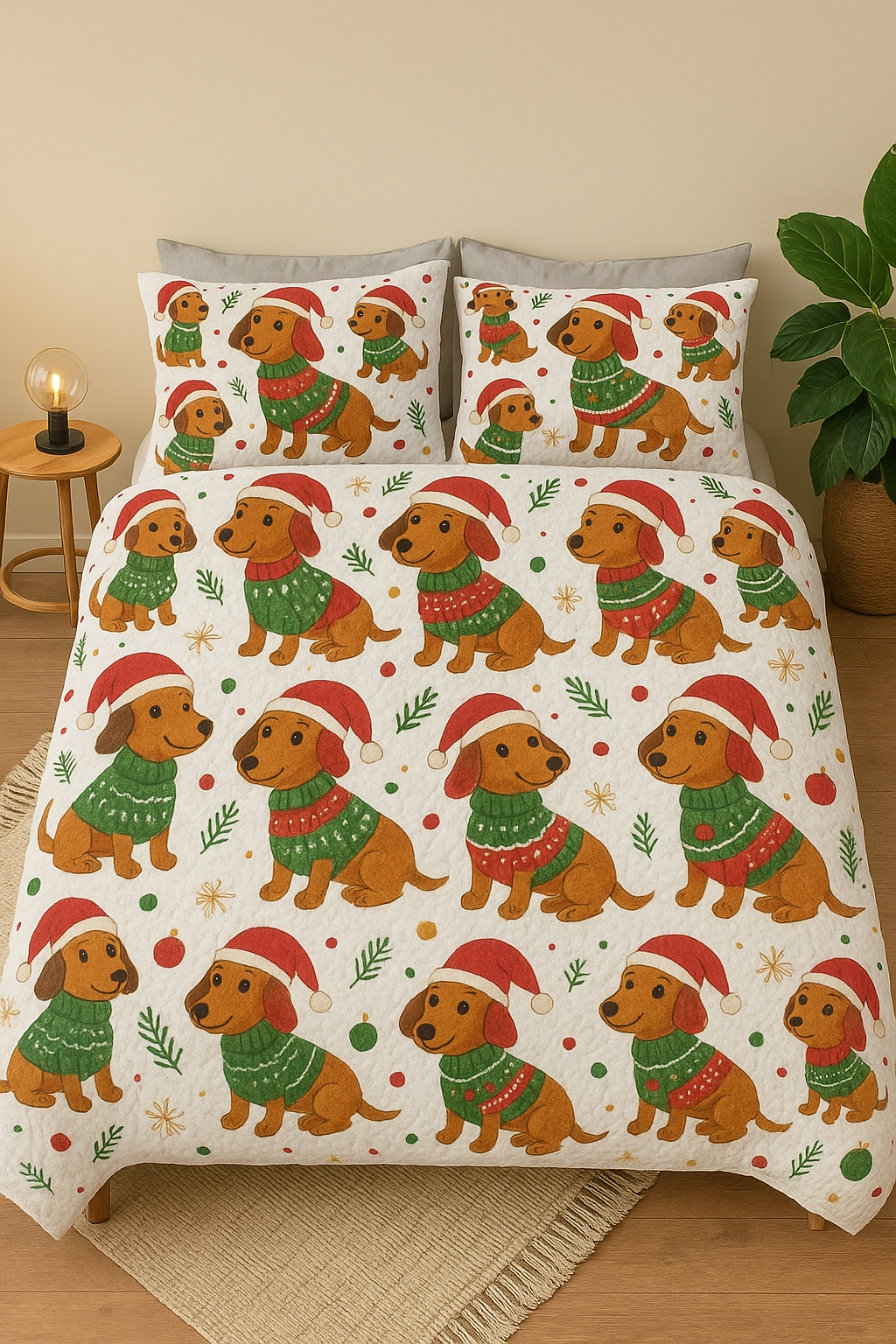 Dachshund Christmas Bedding Set, Santa Hat & Sweater Dog Pattern