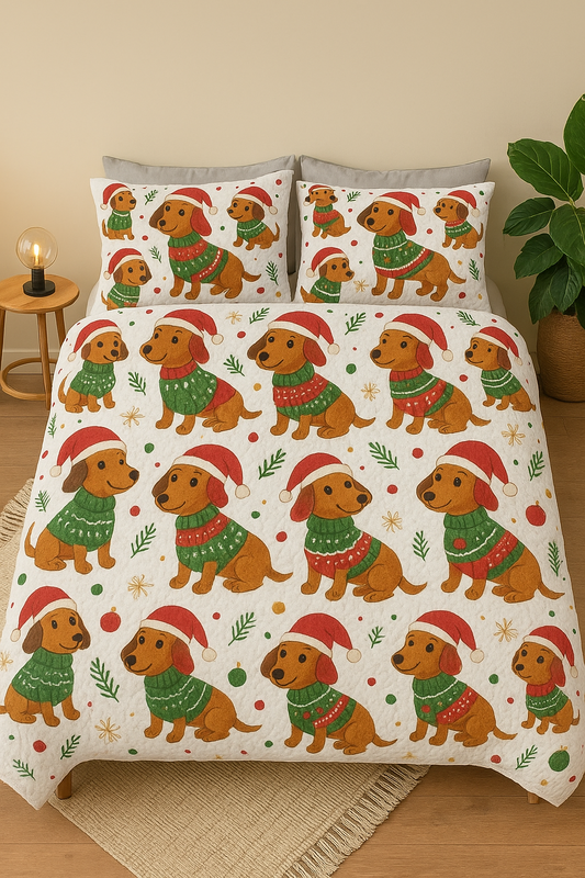 Dachshund Christmas Bedding Set, Santa Hat & Sweater Dog Pattern