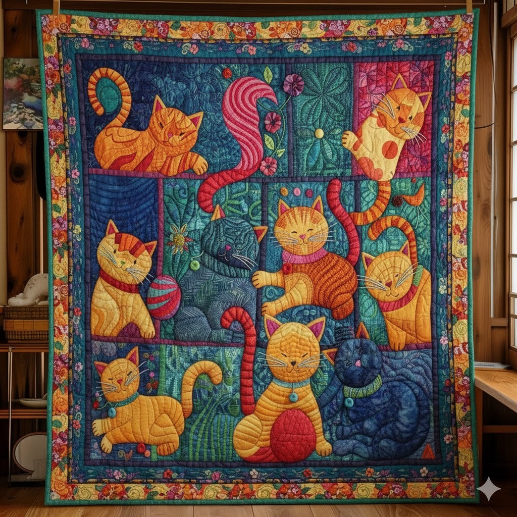 Artistic Cat Quilt, Colorful Kitty Patchwork