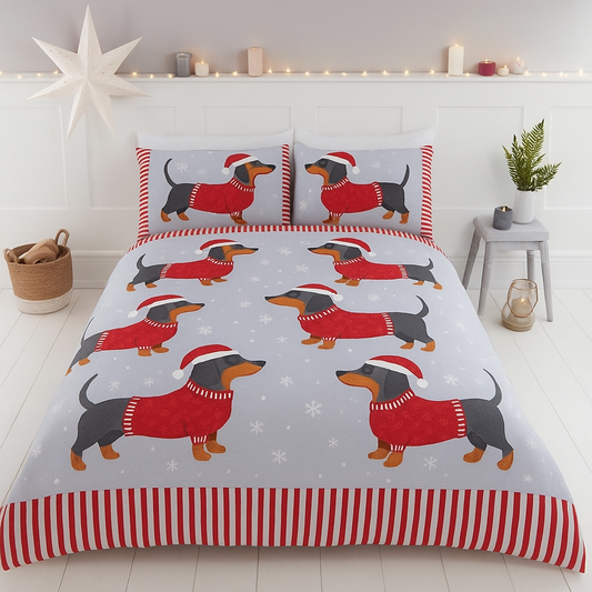 Dachshund Christmas Bedding Set, Black and Tan Dog in Red Sweater