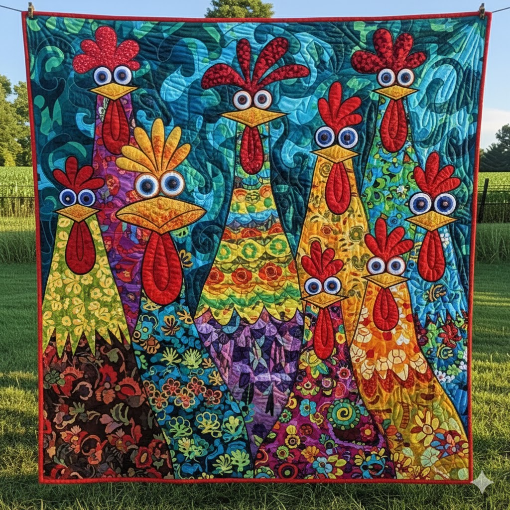 Funny Chicken Rooster Quilt, Farmhouse Decor
