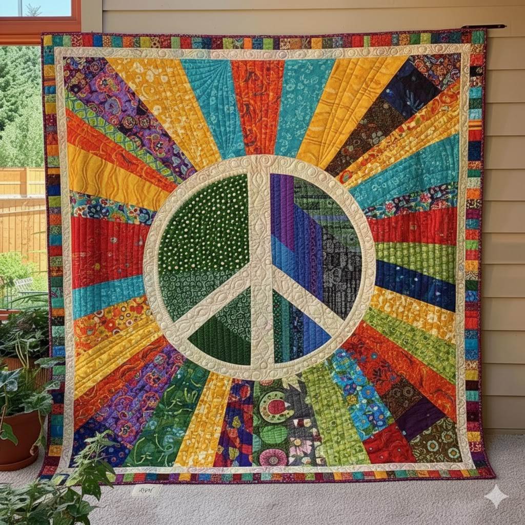 Peace Sign Quilt, Colorful Hippie Art Home Decor