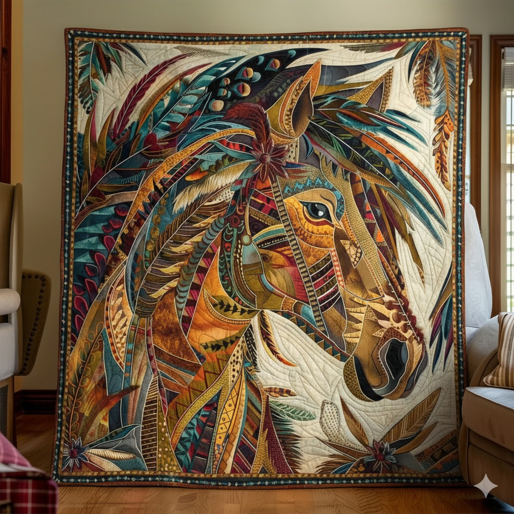 Artistic Horse Quilt, Tribal Feather Home Decor
