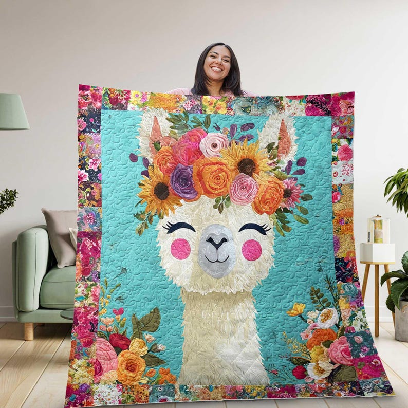 Llama Flower Crown Quilt, Boho Alpaca Blanket Decor