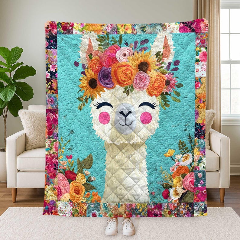 Llama Flower Crown Quilt, Boho Alpaca Blanket Decor