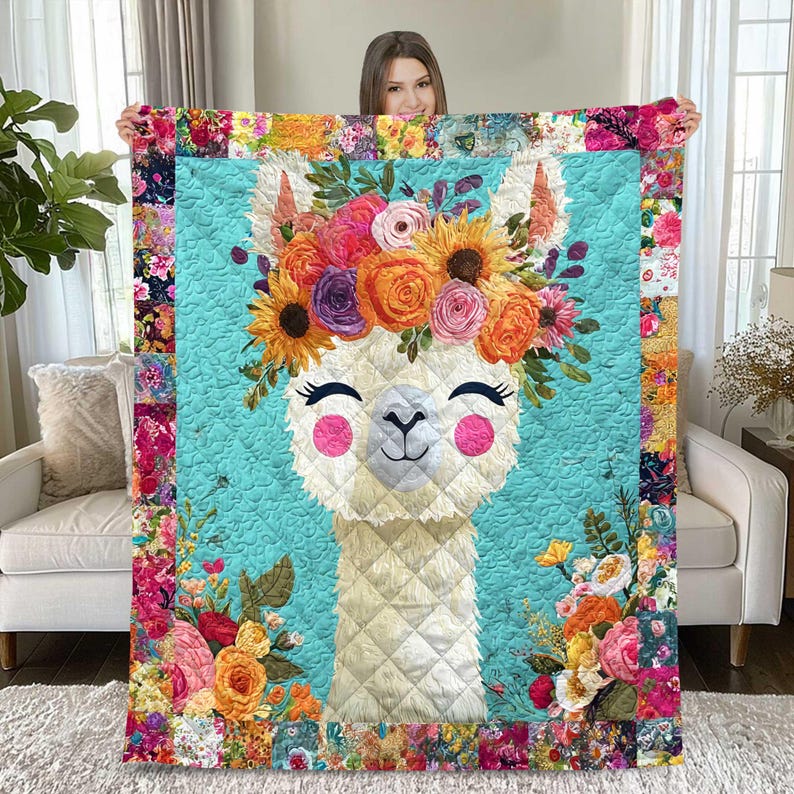 Llama Flower Crown Quilt, Boho Alpaca Blanket Decor