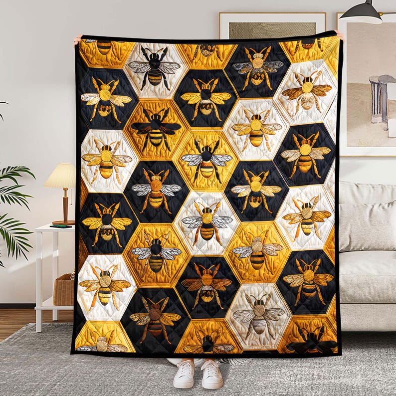 Honey Bee Quilt, Hexagon Honeycomb Blanket