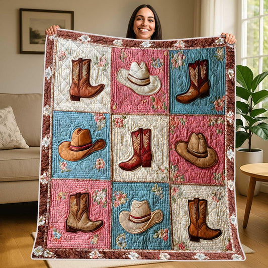 Cowboy Boots Hat Quilt, Western Floral Patchwork Decor