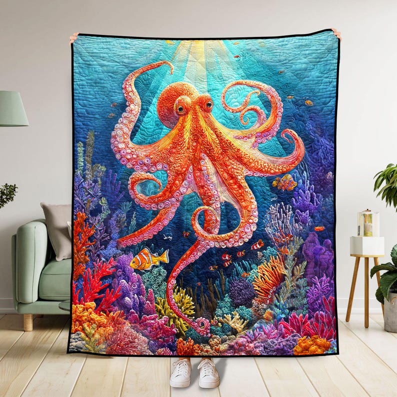 Octopus Quilt, Colorful Coral Reef Ocean Blanket