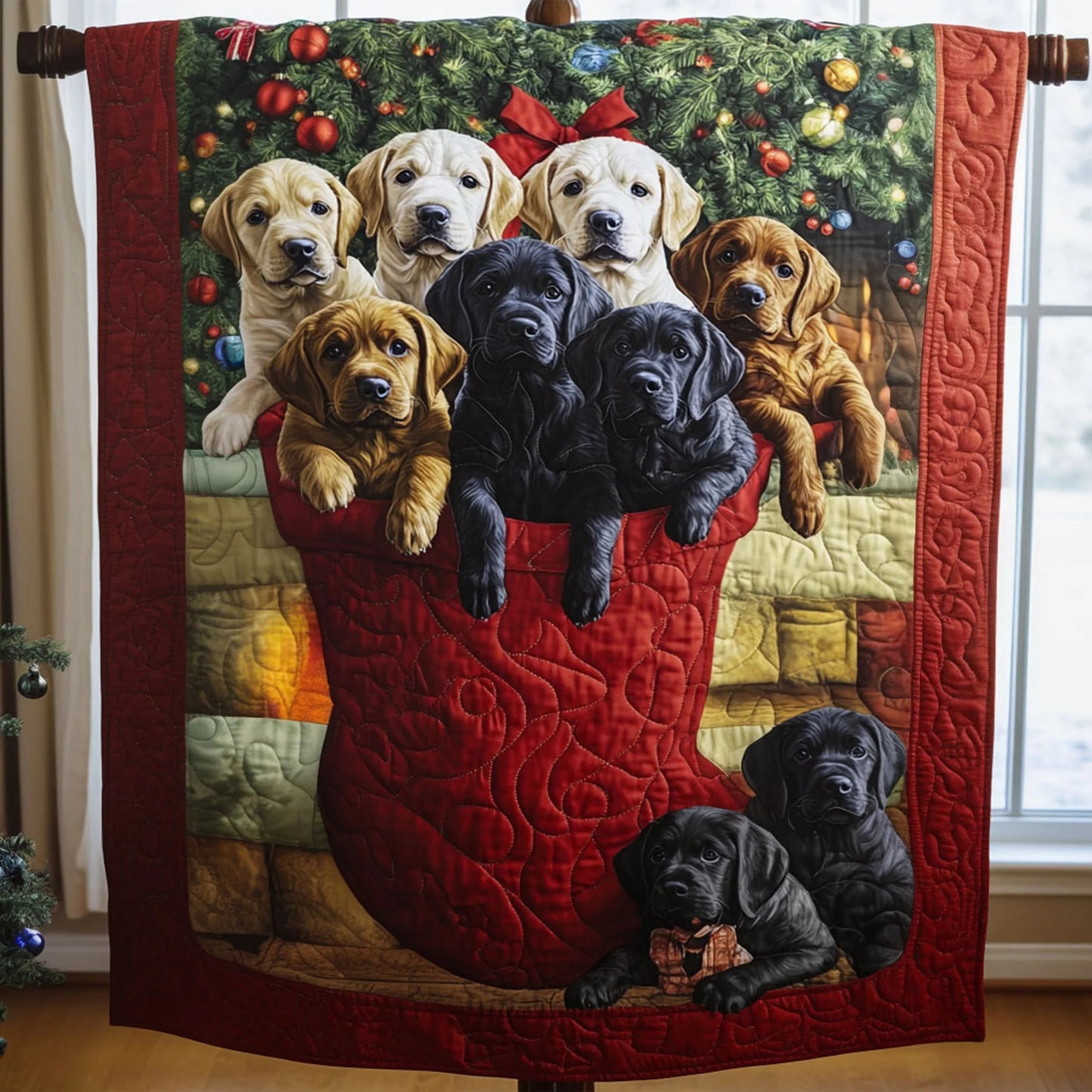 Christmas Lab Puppy Quilt, Labrador Stocking Dog