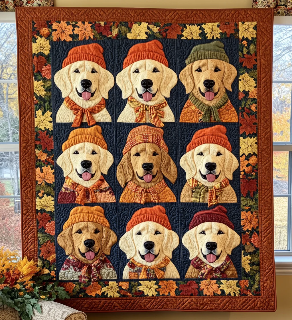 Cute Golden Dog Quilt, Autumn Fall Decor Gift