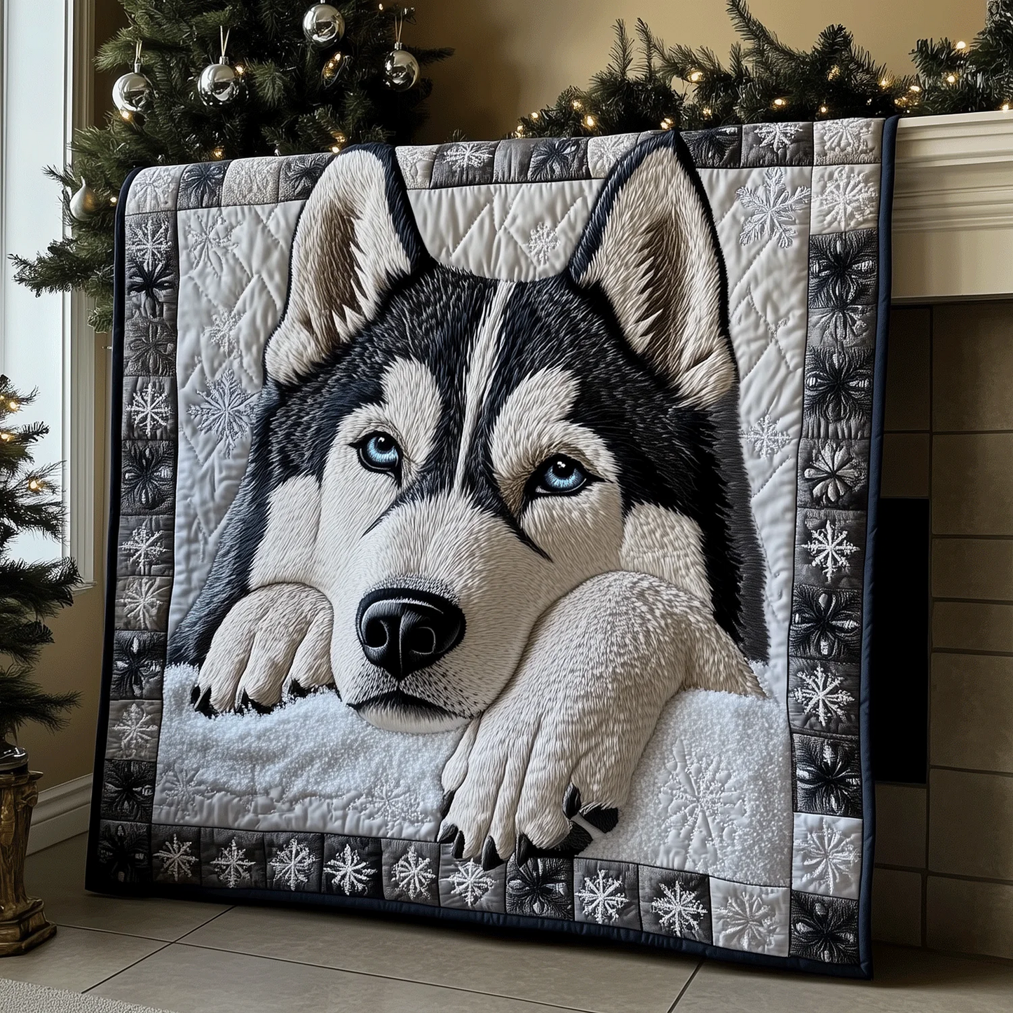 Siberian Husky Quilt, Snowflake Winter Dog Gift