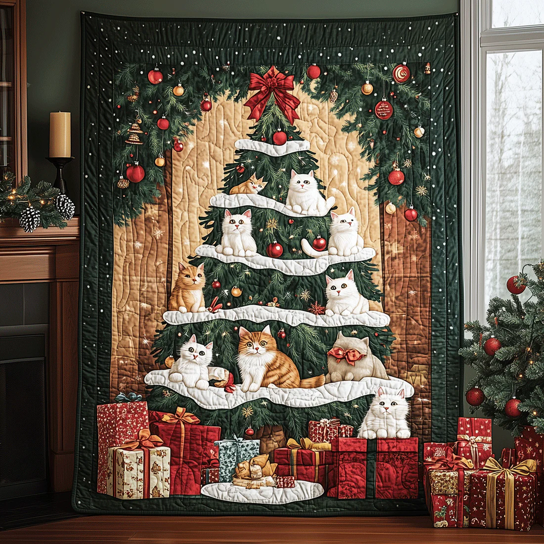 Cat Christmas Tree Quilt, Kitty Holiday