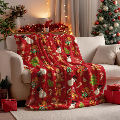 Christmas Flannel Blanket, Red Gingerbread Man Christmas