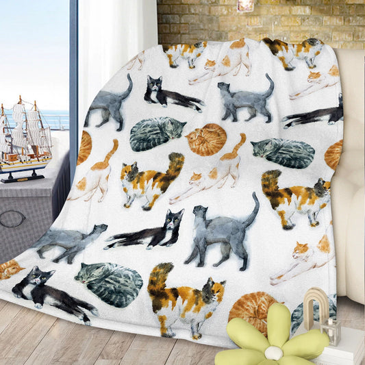 Watercolor Cat Pattern Blanket Kitten Gift