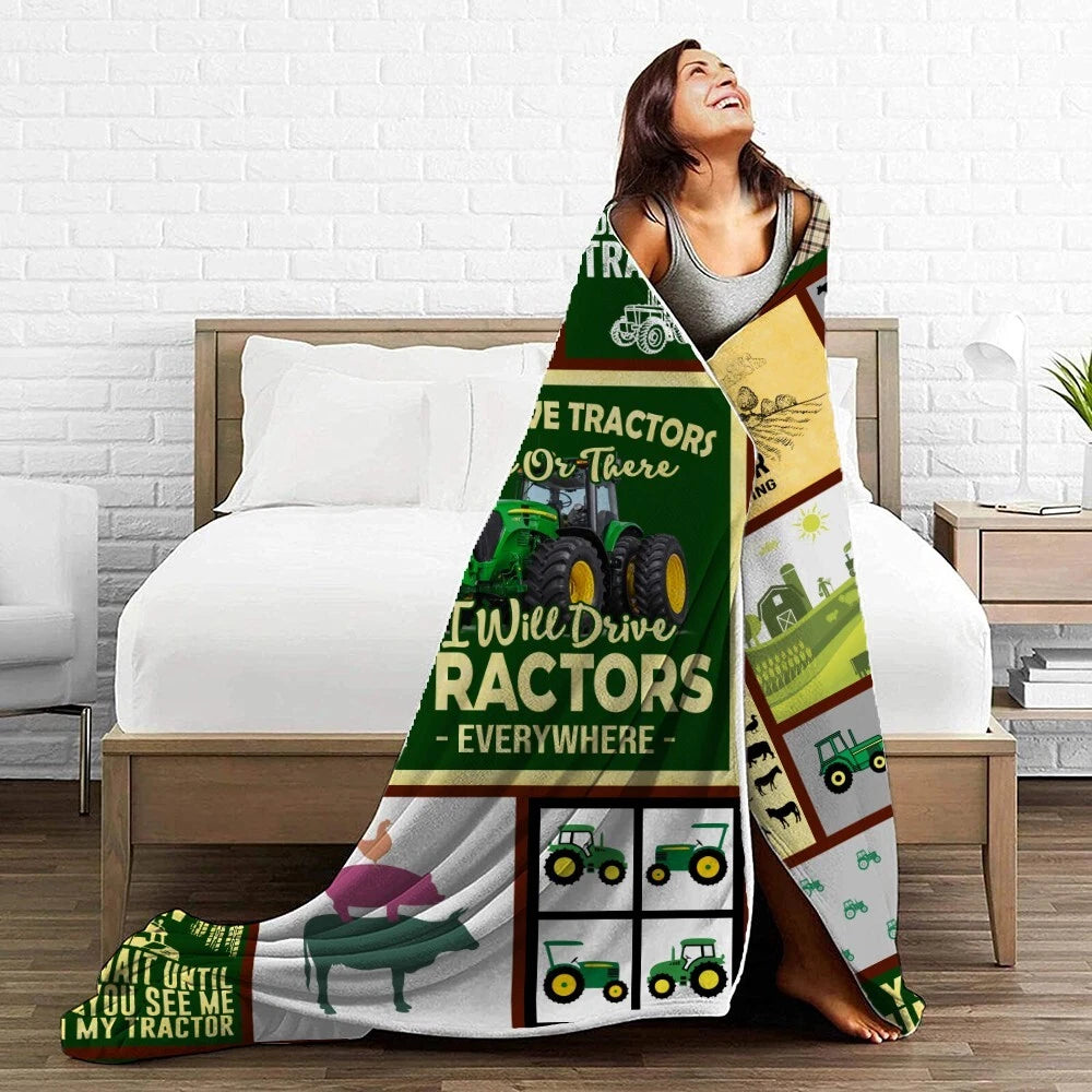 Tractor Farm Animals Green Blanket