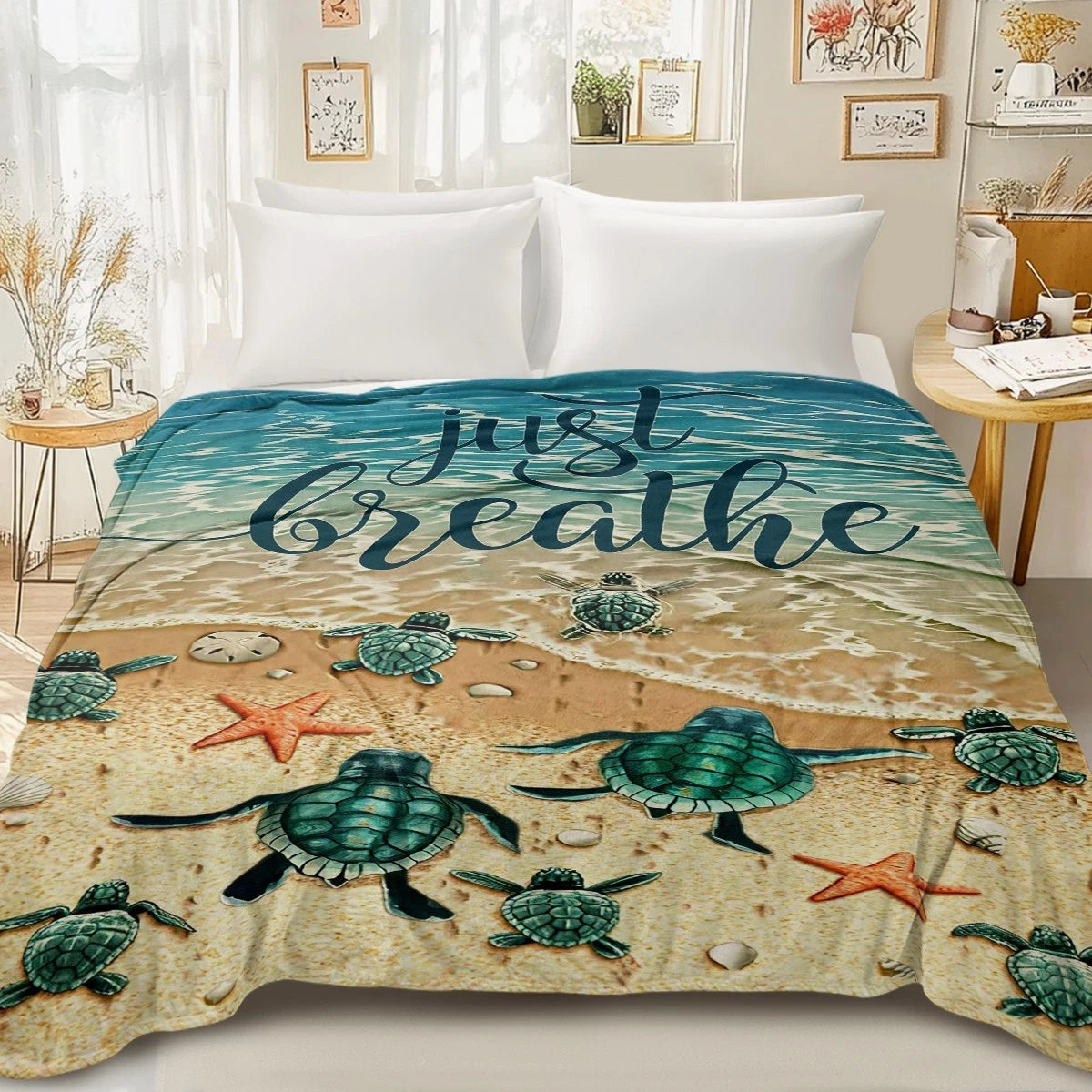 Sea Turtle Just Breathe Beach Throw Blanket
