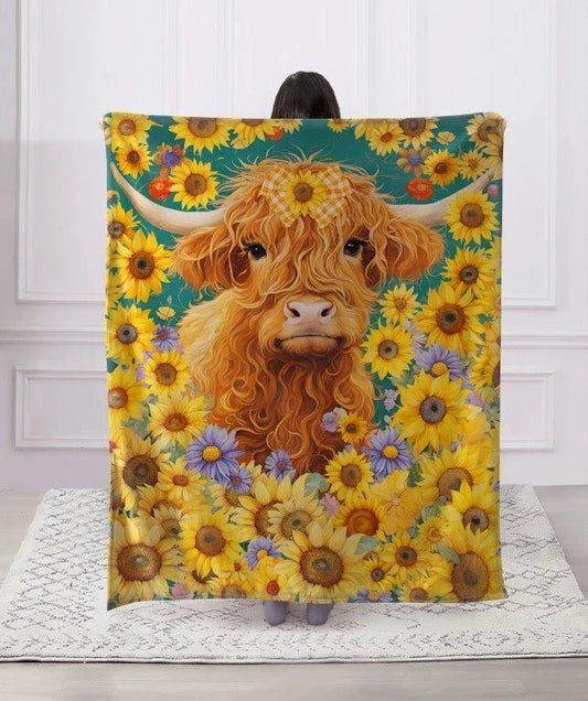 Highland Cow Sunflower Blanket Floral