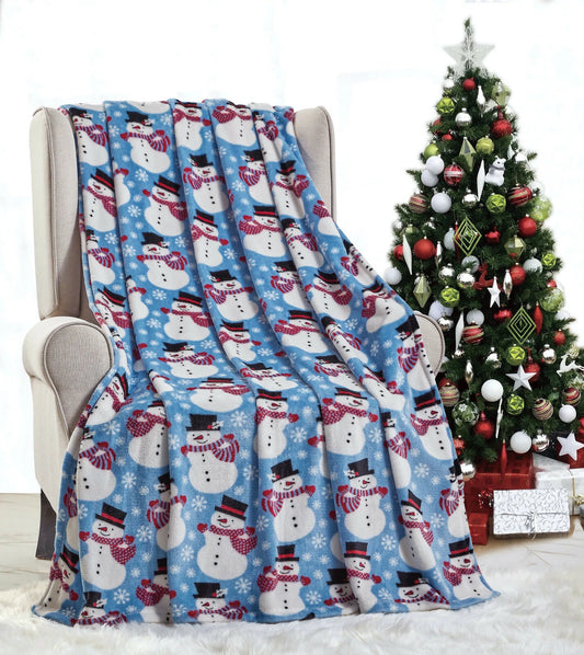 Snowman Blanket, Blue Christmas Winter Holiday Throw