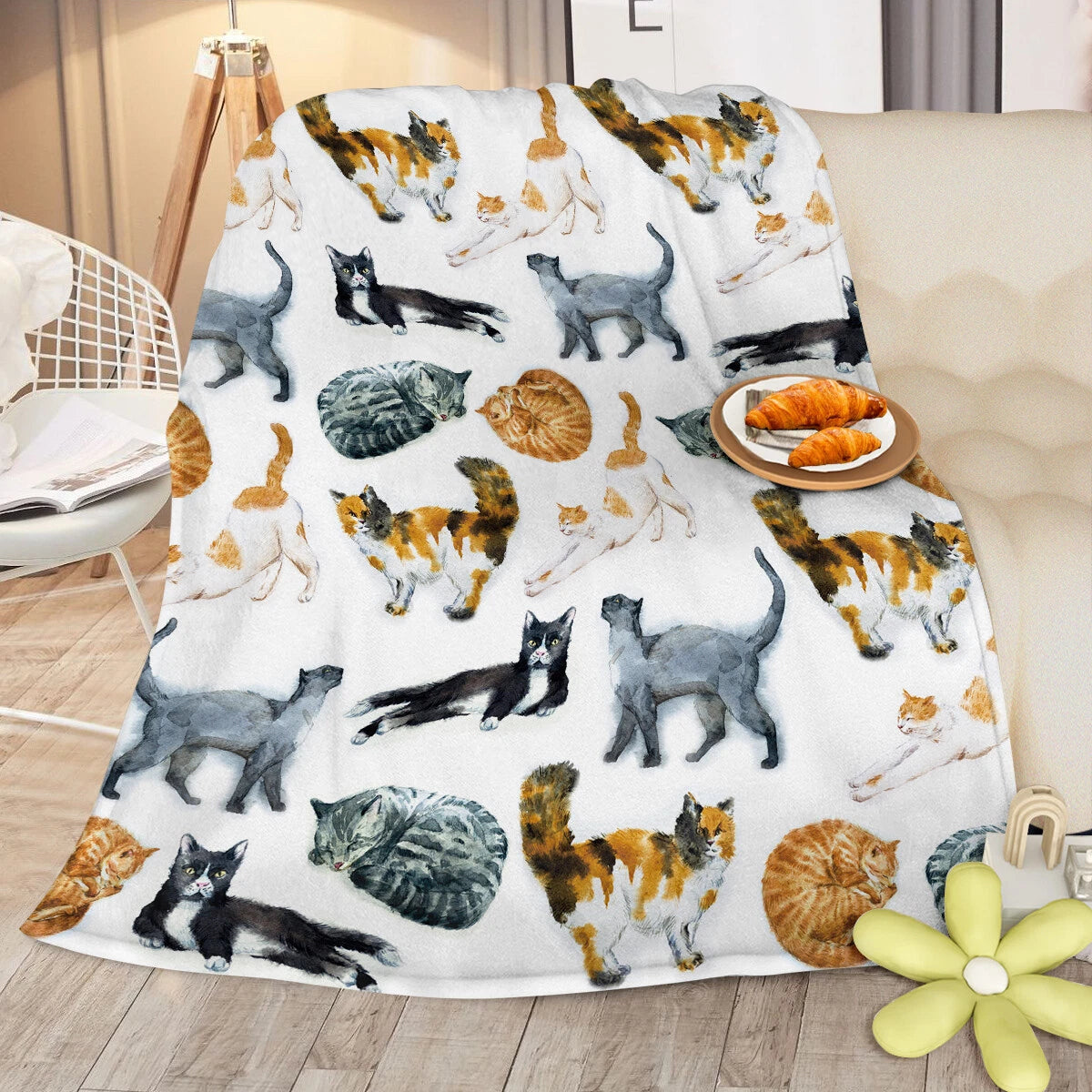 Watercolor Cat Pattern Blanket Kitten Gift