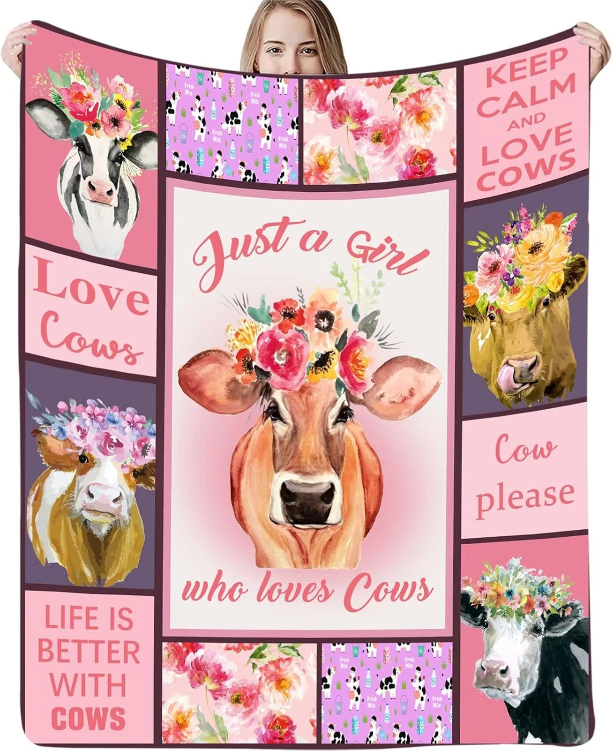 Pink Floral Cow Lover Blanket For Girls