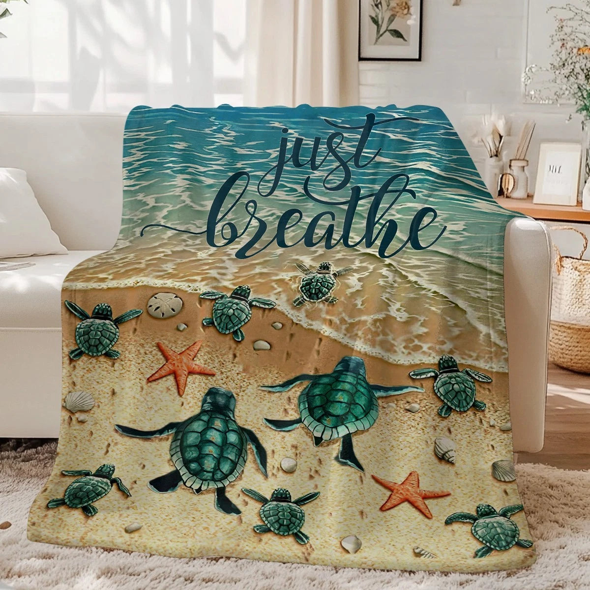 Sea Turtle Just Breathe Beach Throw Blanket