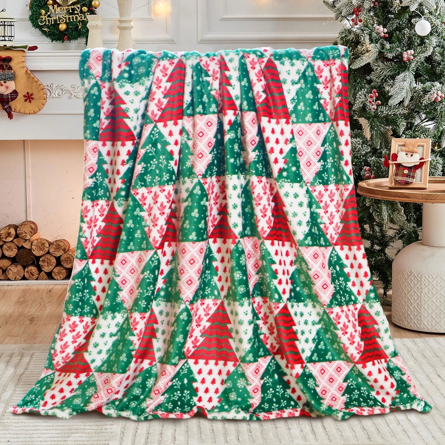 Christmas Tree Blanket, Geometric Patchwork Holiday Throw