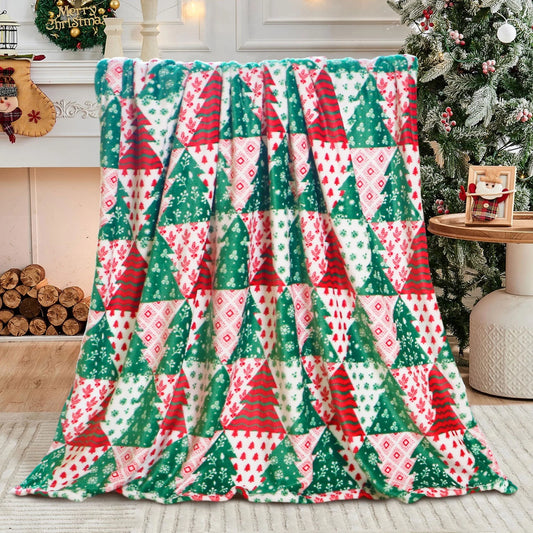 Christmas Tree Blanket, Geometric Patchwork Holiday Throw