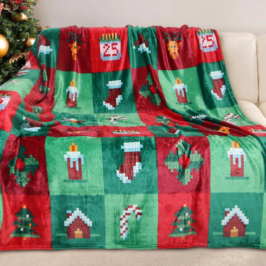 Christmas Pixel Blanket, Cross-Stitch Holiday Throw Decor