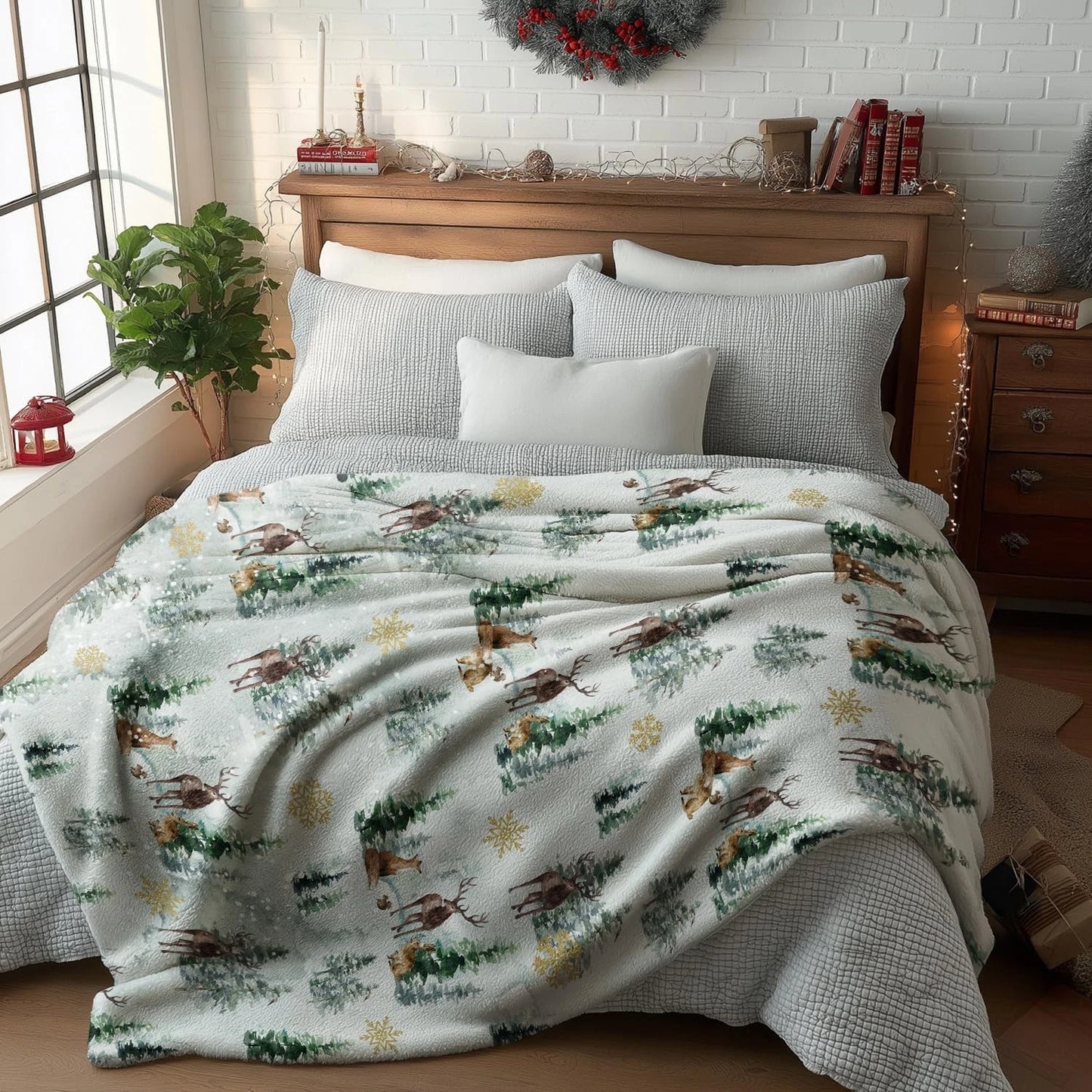 Christmas Deer Forest Winter Throw Blanket