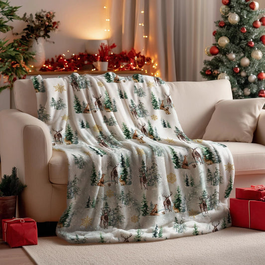 Christmas Deer Forest Winter Throw Blanket