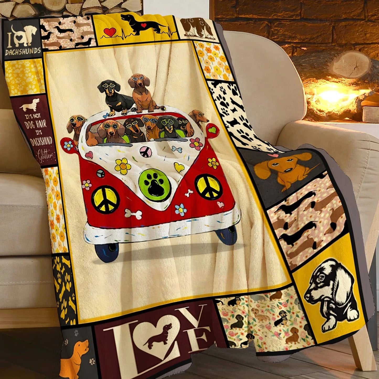 Dachshund Hippie Van Dog Lover Blanket