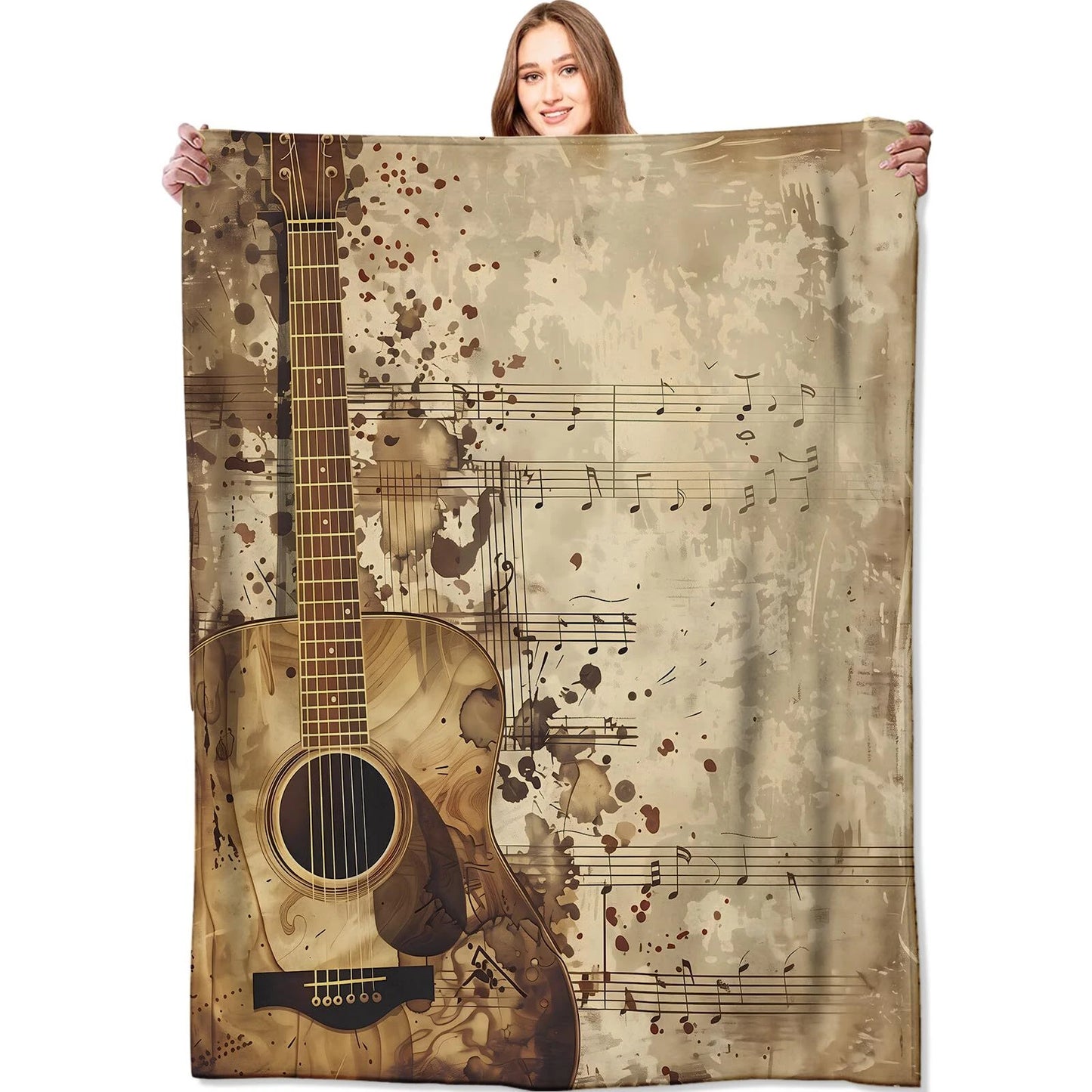 Vintage Guitar Quilt, Rustic Music Sheet Throw