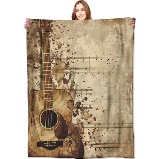 Vintage Guitar Quilt, Rustic Music Sheet Throw