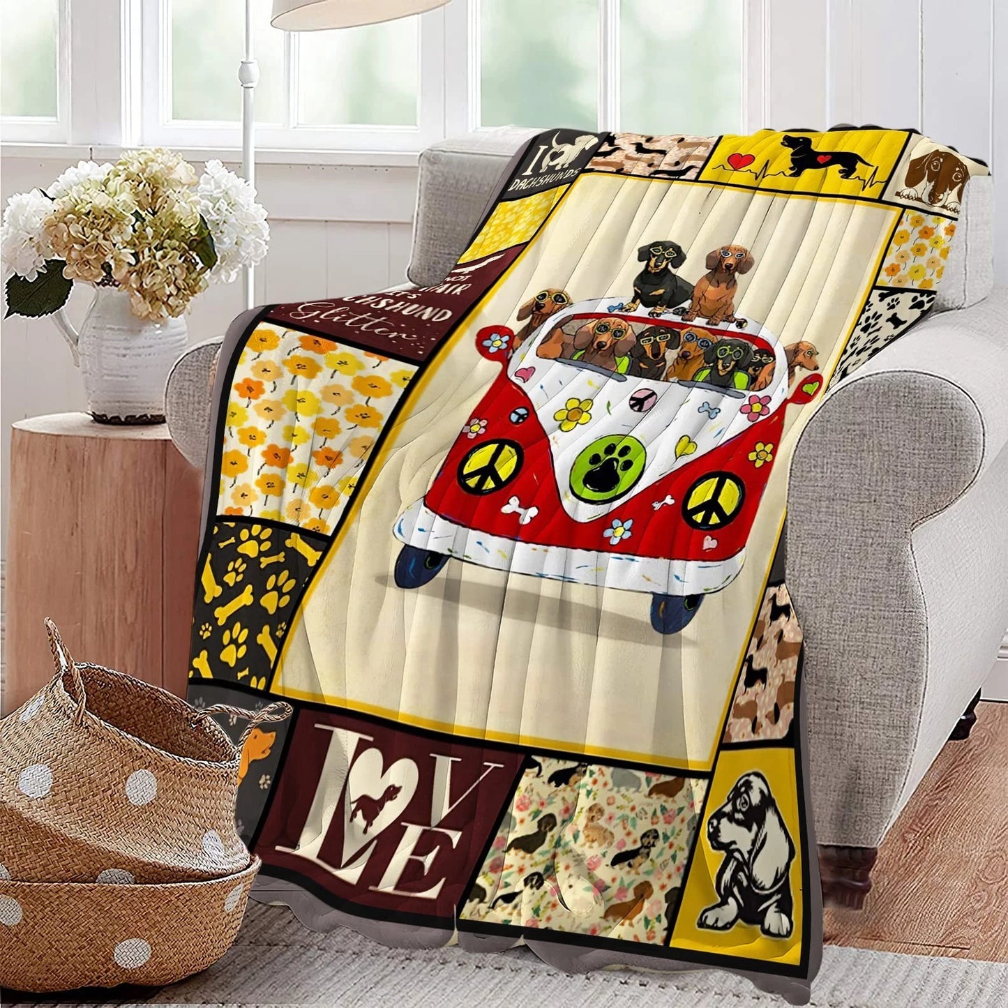 Dachshund Hippie Van Dog Lover Blanket
