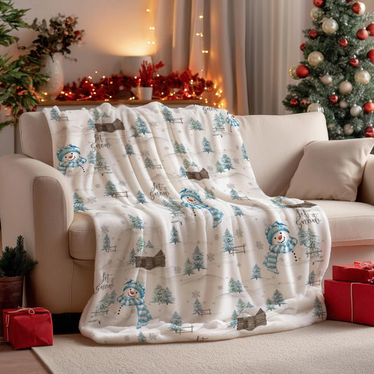 Christmas Flannel Blanket, Blue Snowman Pine Snow