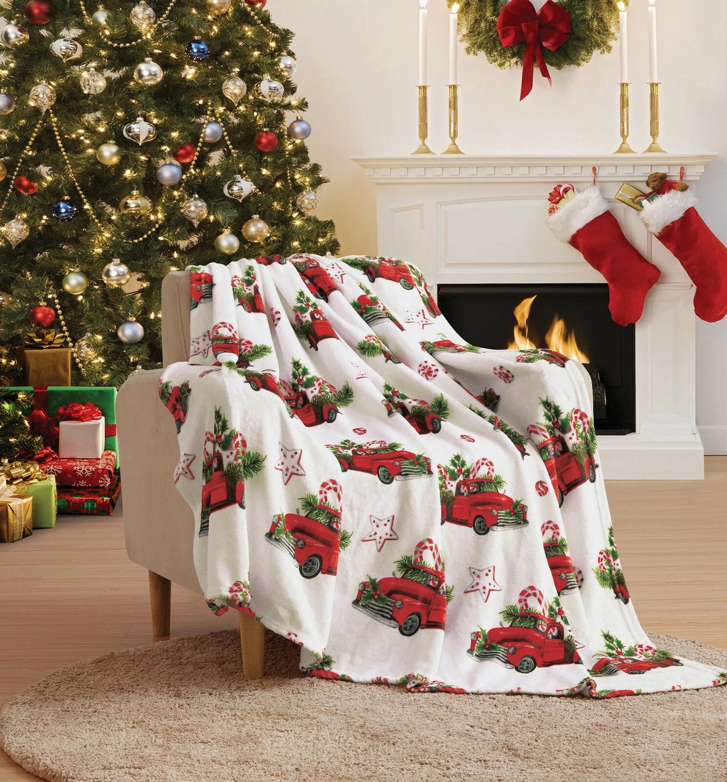 Christmas Truck Blanket, Candy Cane Holiday Throw Decor