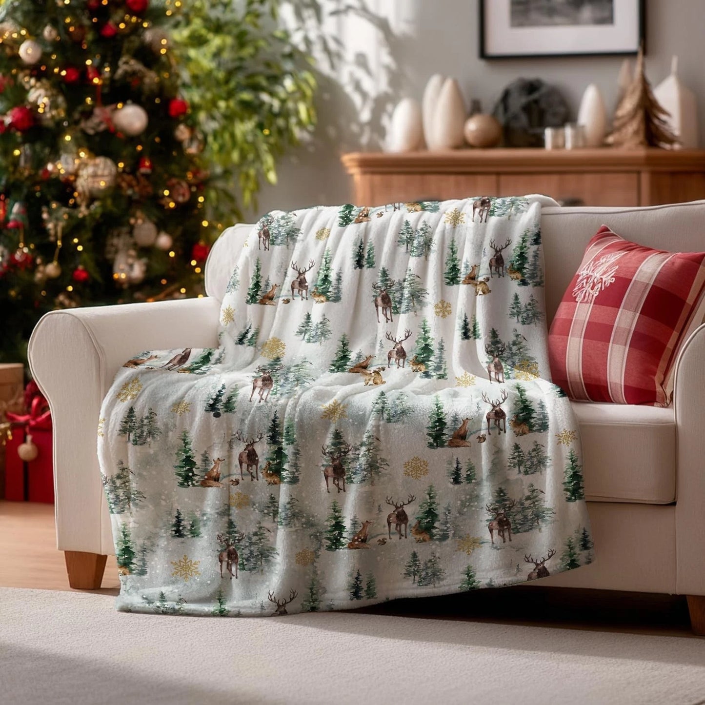 Christmas Deer Forest Winter Throw Blanket
