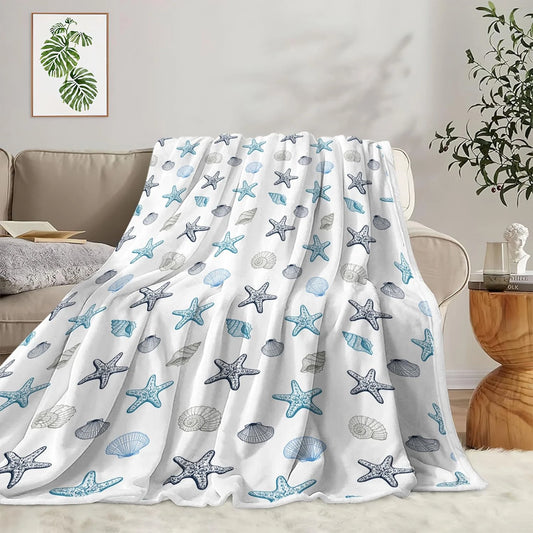 Starfish Seashell Pattern Coastal Throw Blanket