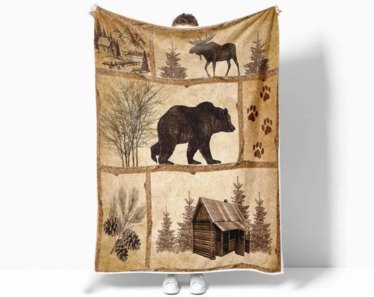Rustic Bear Moose Cabin Art Blanket For Bear