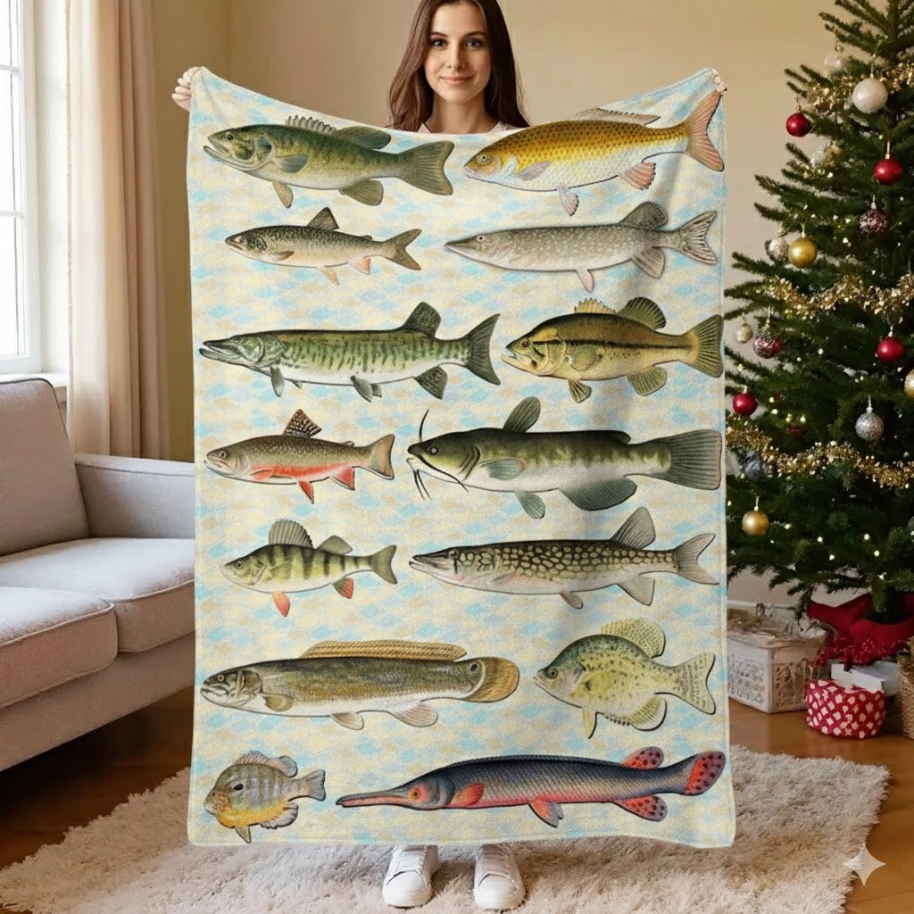 Freshwater Fish Blanket, Fishing Lures Vintage Angler