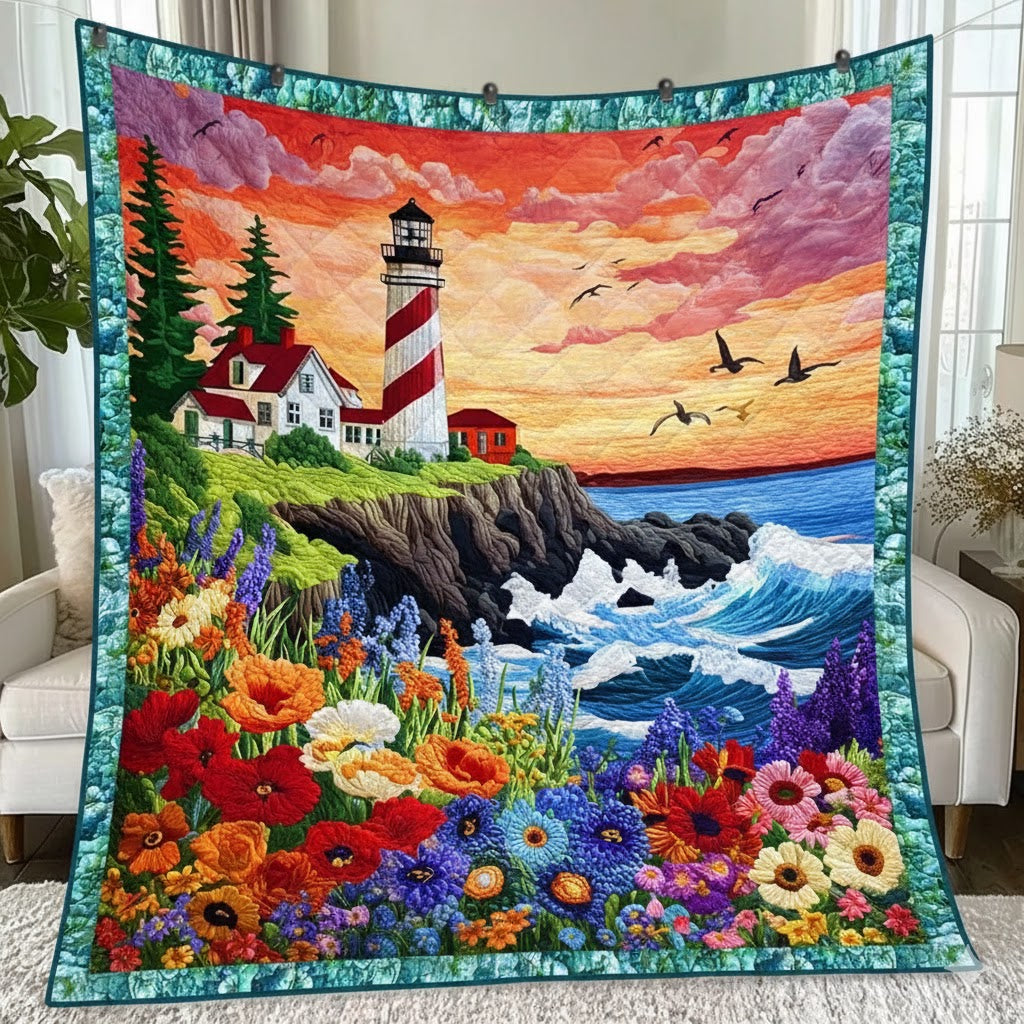 Lighthouse Quilt, Coastal Flower Beach Decor Blanket